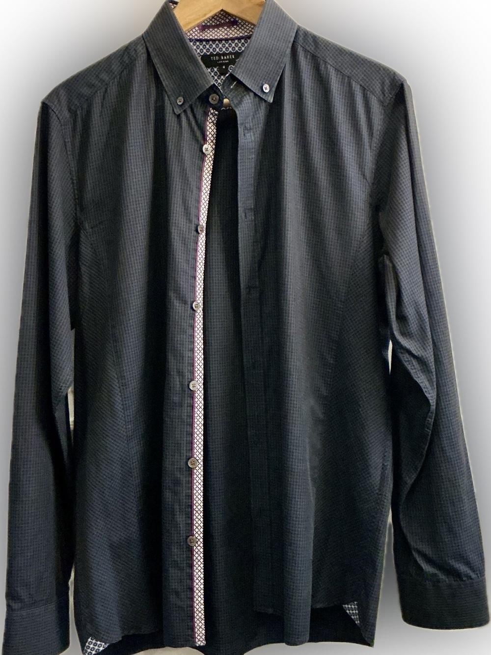 Ted Baker London Men’s Large Black Check Button Down Shirt Size 4 Contrast Trim